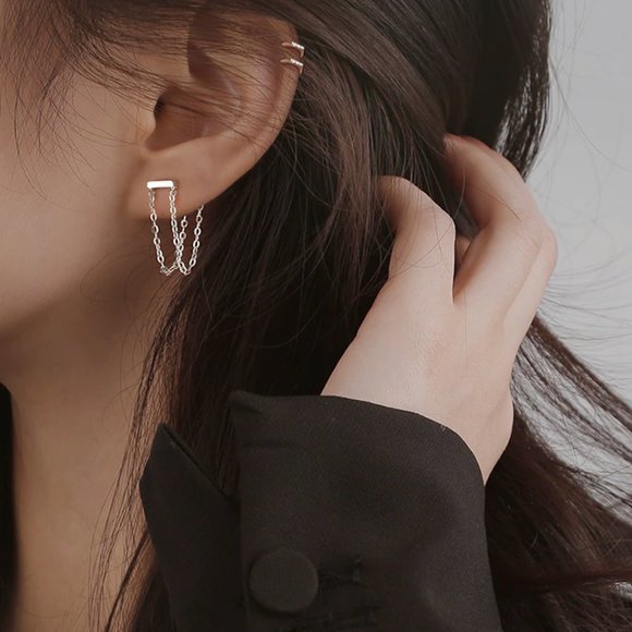 Jewelry - Sterling Silver Double Tassel Drop Strand Minimalist Earrings